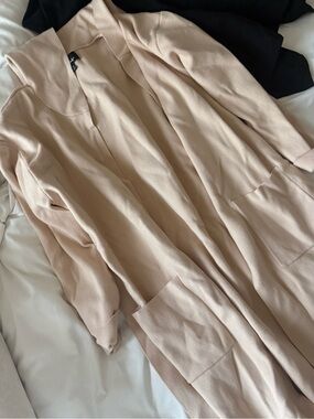 Light Beige Long Open Front Duster Coat with hood